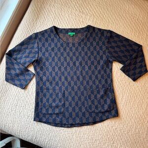 Bensimon Wool Blend Brown & Black Geometric Patterned 3/4 Sleeve Blouse, S, EUC